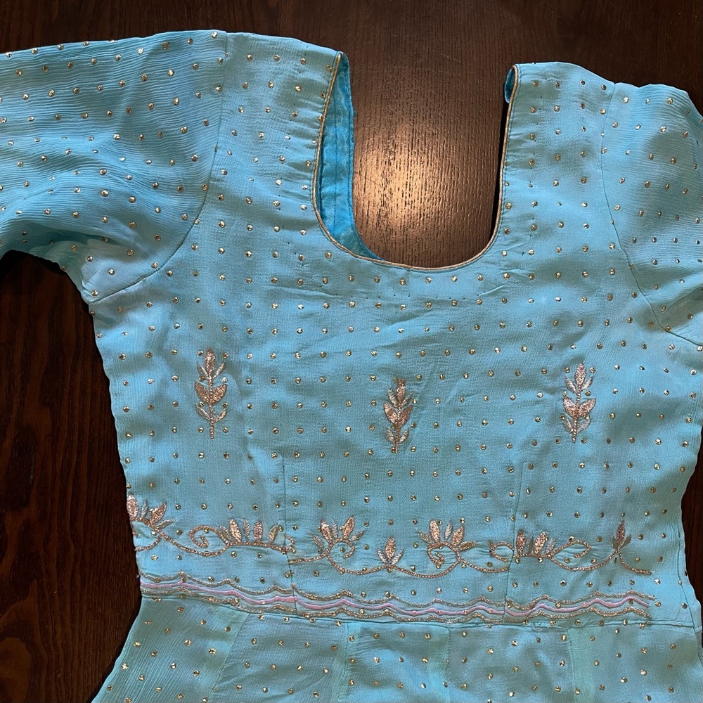 3pc Pink & Blue Indian Anarkali Suit With Salwaar - Picture 3 of 15